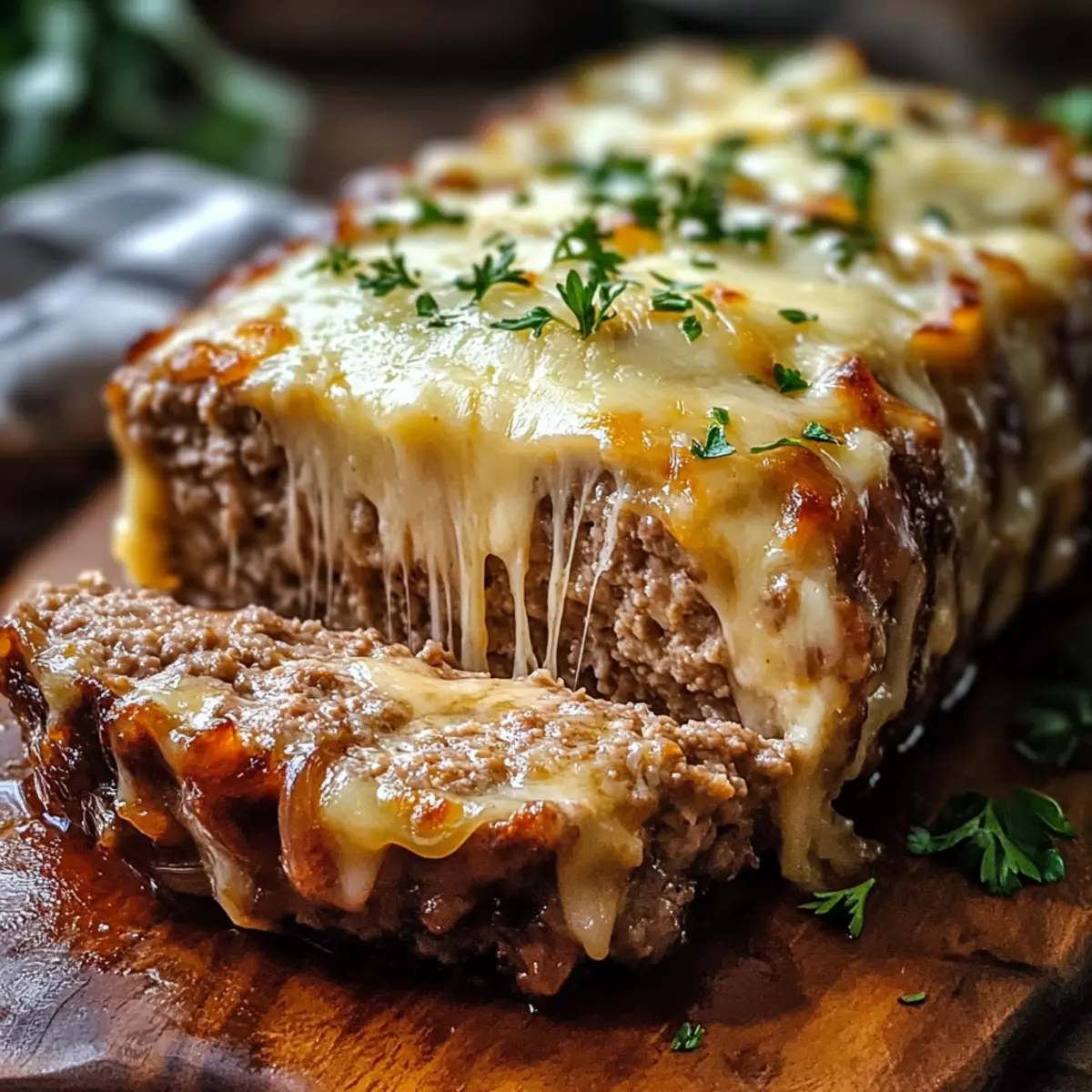 Crockpot Französische Zwiebel Fleischlaib mit Geschmolzenem Käse genießen